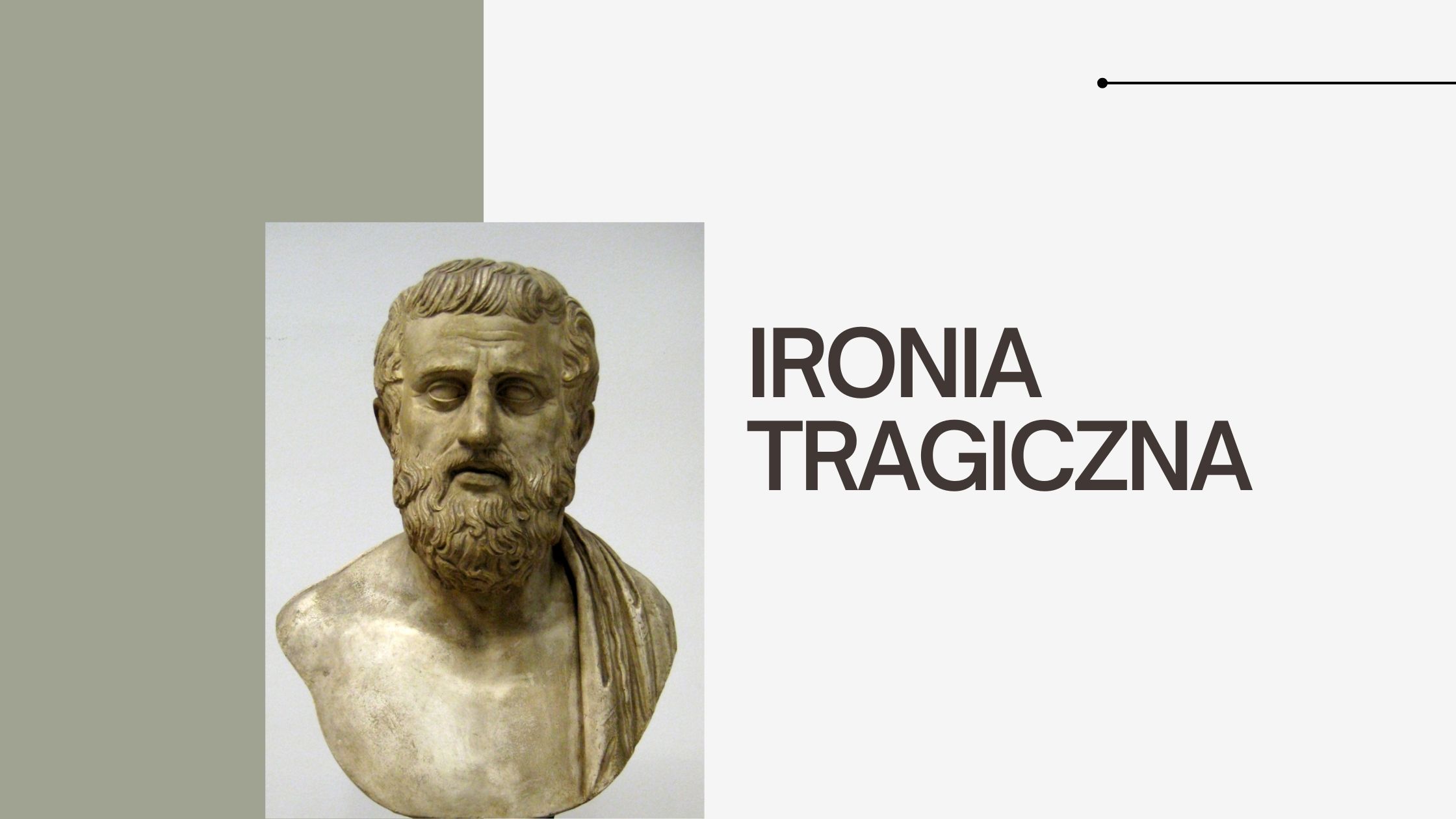 Popiersie Sofoklesa obok napisu Ironia tragiczna