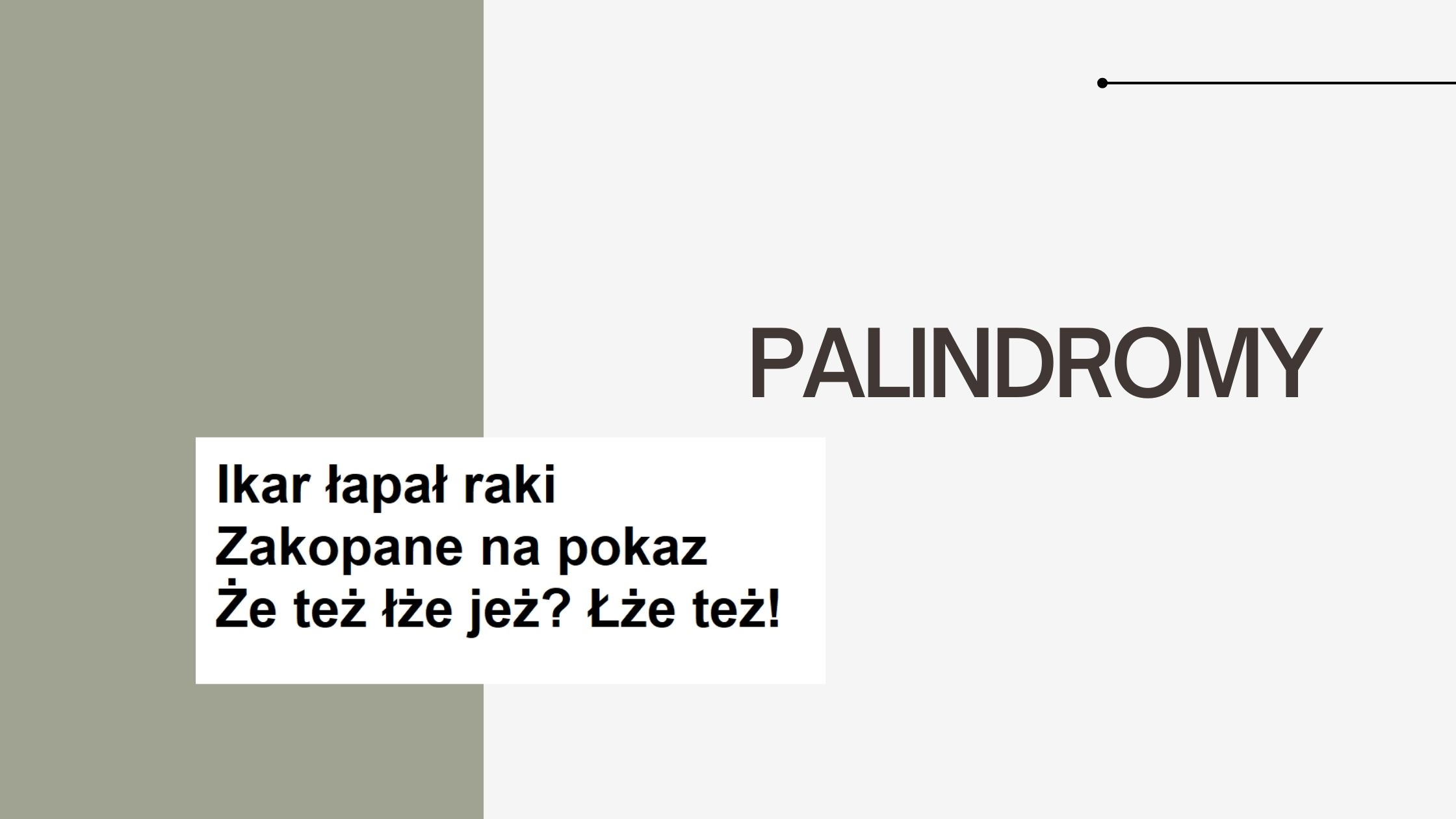 Napis Palindrom z przedstawieniem najpopularniejszych polskich palindromów: Ikar łapał raki, Zakopane na pokaz, Że też łże jeż? Łże też!